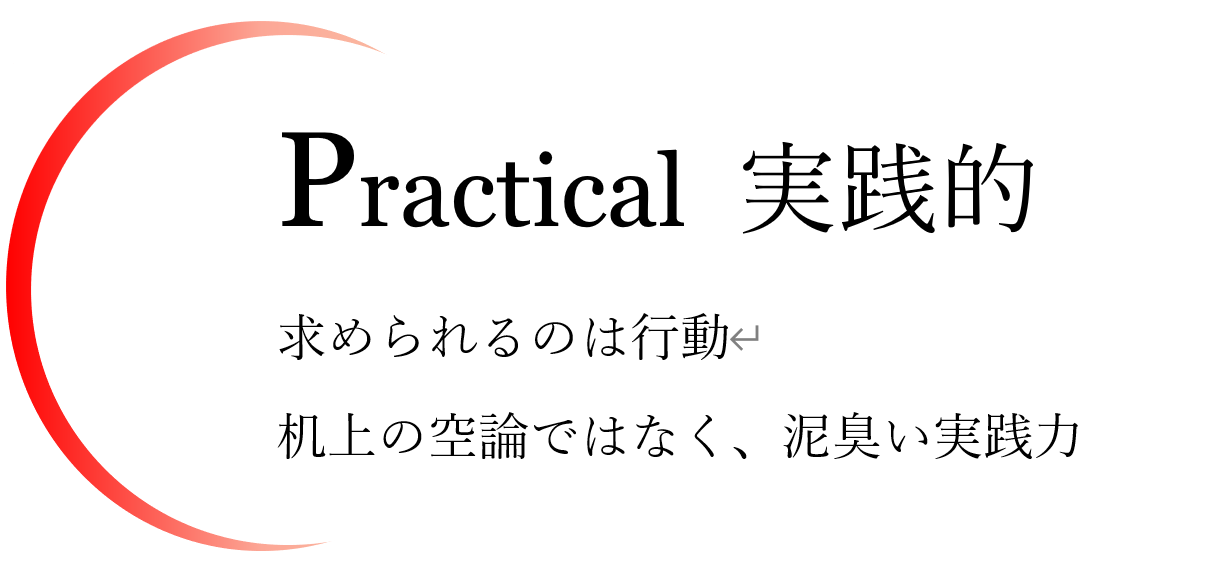 plactical　実践的　求められるのは行動　机上の空論ではなく、泥臭い実践力